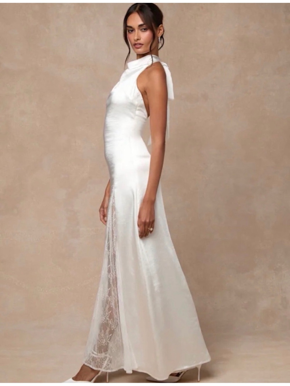 NWT Lulus Concetta Ivory Satin Lace Halter Maxi Dress Size Large